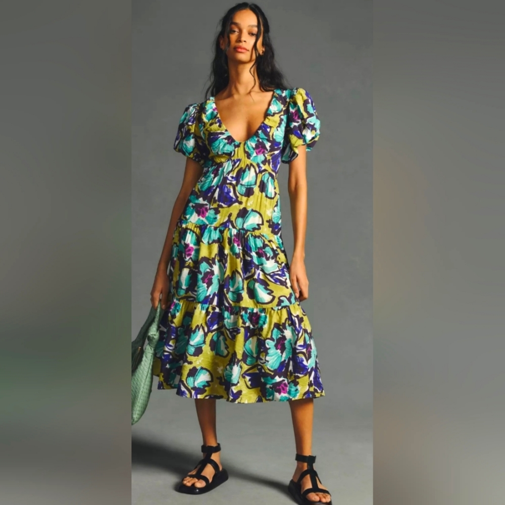 Anthropologie Floral Tiered Midi Dress in Yellow, Teal, Purple